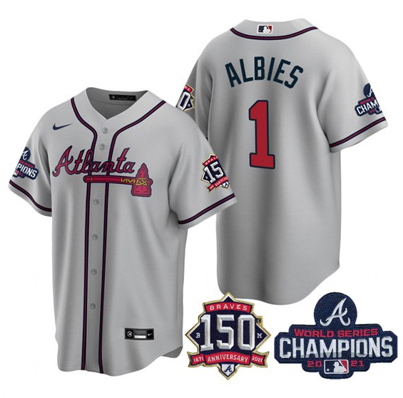 Men's Atlanta Braves #1 Ozzie Albies 2021 Grey World Series Champions Cool Base Stitched Jersey